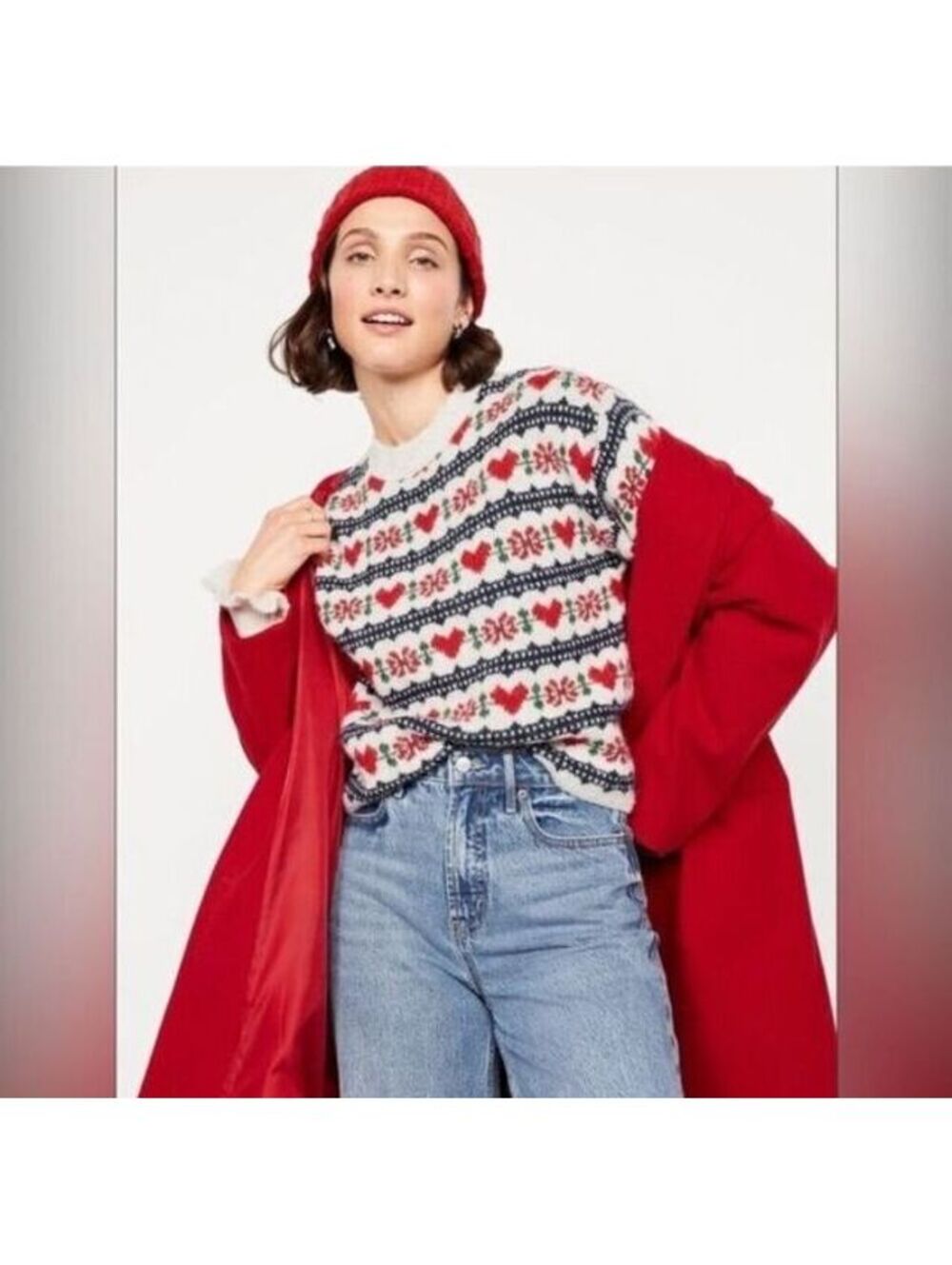 Old Navy Loose Crew-Neck Wool-Blend Cropped Sweater Fair Isle Hearts